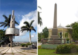 Izquierda: Monumento a la Toma de Santa Clara en la Loma del Capiro. Derecha: Monumento a Padre Chao y a Hurtado de Mendoza en el Parque Vidal